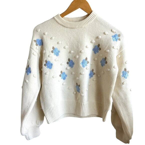 FASHION UNION Chunky Knit Floral Knit Embroidered Cream Sweater US 6 - Picture 1 of 6